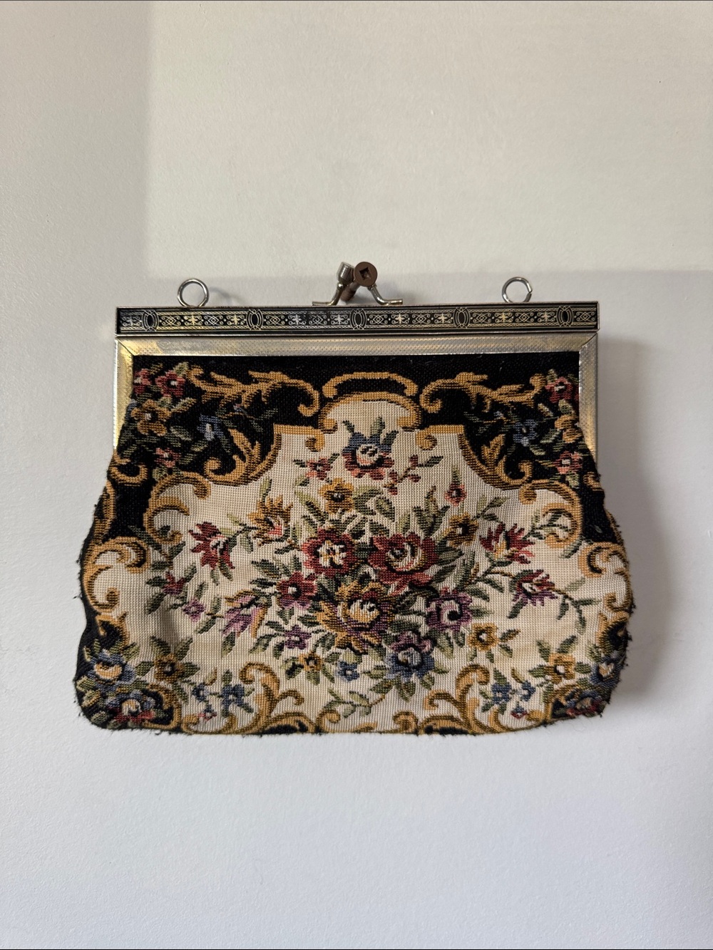 Vintage Floral Tapestry Frame Clutch Black and Cream